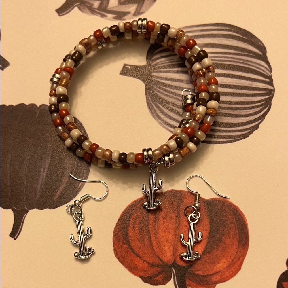 Hand Crafted Multicolor Beaded Cactus Bracelet and Earrings